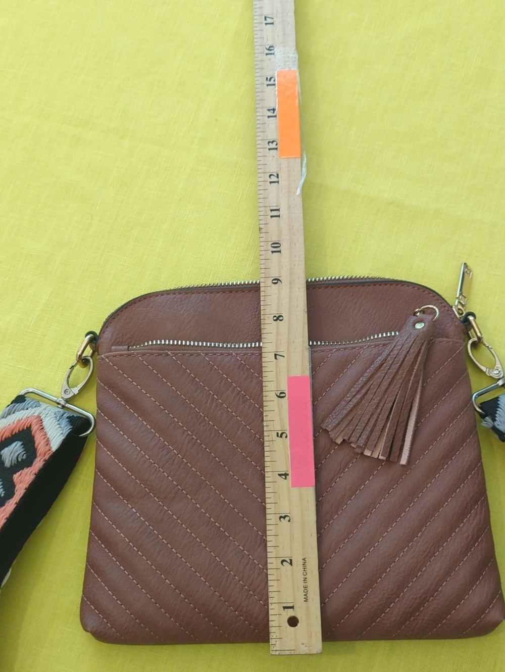 Brown Quilted Crossbody Bag with Patterned Strap - Picture 12 of 14
